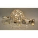 A Birmingham Silver Pedestal Mustard, together with a silver backed hand mirror, four silver and