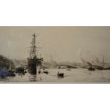 William Lionel Wyllie, 1851-1931, HMS President on the Thames, etching, signed in pencil, 20 x 40cm