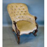 A Victorian Rosewood Drawing Room Chair, the button upholstered back above a stuff over seat with