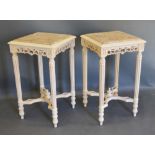 A Pair of French Cream Painted Occasional Tables of square form, each with a variegated marble top