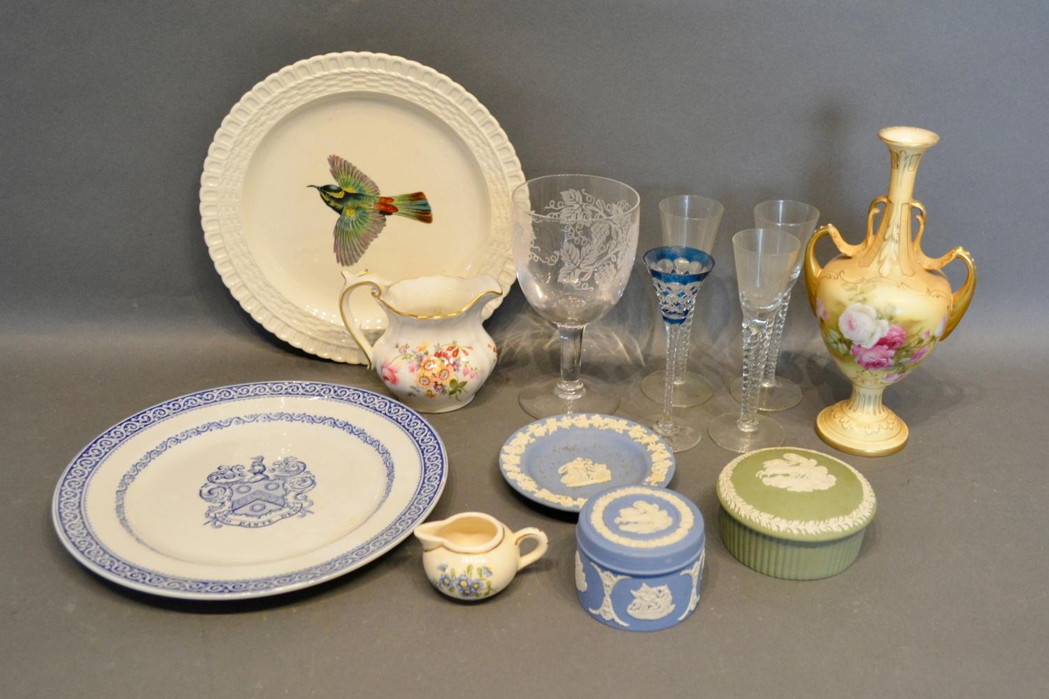 A Copeland Spode Ribbon Plate decorated with a kingfisher, together with various ceramics and