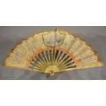 An 18th Century Ivory Fan, the silk leaf hand painted with a cartouche, the sticks and guards