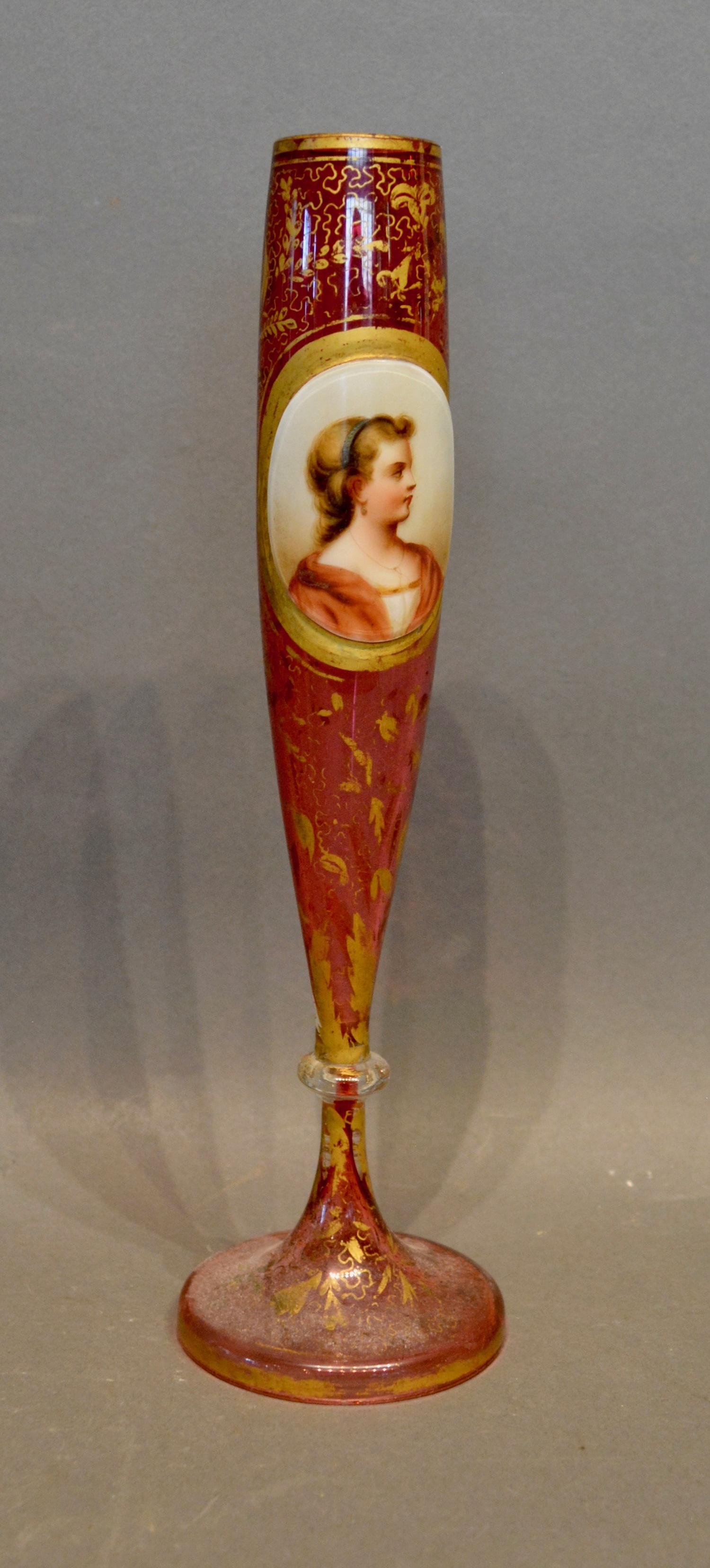 A Bohemian Ruby Glass Specimen Vase, hand painted with a reserve depicting a classical female