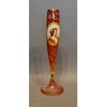 A Bohemian Ruby Glass Specimen Vase, hand painted with a reserve depicting a classical female