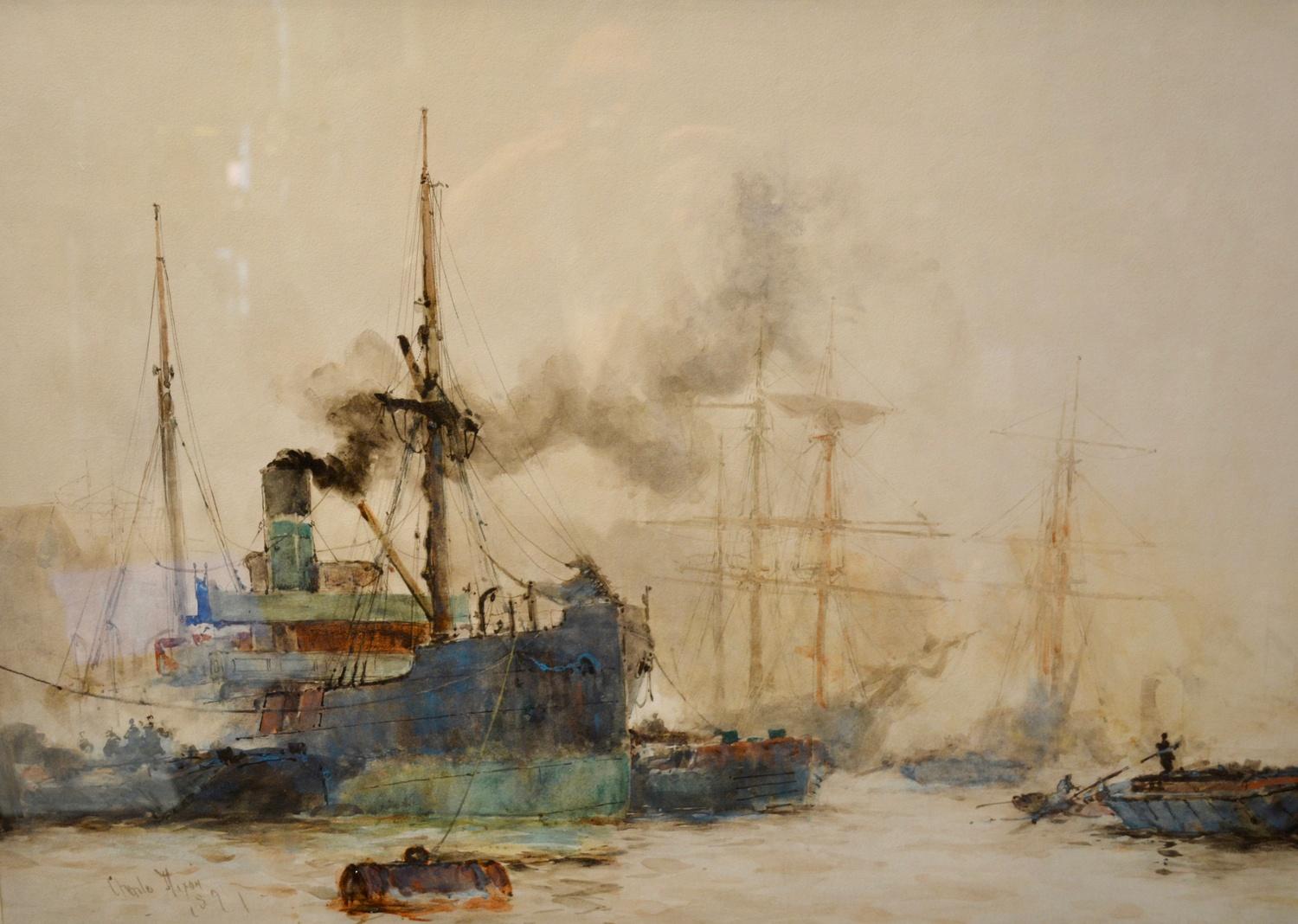 Charles Edward Dixon, 1872-1934, Working Thames, watercolour, signed and dated 1891, 39 x 55.5cm