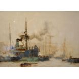 Charles Edward Dixon, 1872-1934, Working Thames, watercolour, signed and dated 1891, 39 x 55.5cm