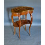 A French Marquetry Inlaid and Metal Mounted Kidney Shaped Etagere, the cabriole legs with brass