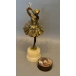 A Spelter Ballerina upon shaped socle, 27cm tall, together with a small mother of pearl inlaid
