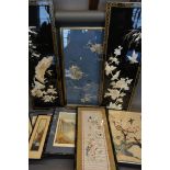 A Pair of Mother of Pearl and Lacquered Panels, 91 x 30cm, together with various related silk