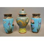 A Pair of Japanese Cloisonne Vases, 18.5cm tall, together with another similar cloisonne covered