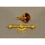 A Yellow Metal Turquoise and Seed Pearl Set Bar Brooch, together with a 9 carat gold mounted citrine
