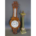 An Onyx and Brass Corinthian Column Table Lamp, together with an oak barometer/thermometer by