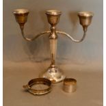 A Birmingham Silver Three Branch Candelabrum, together with a silver napkin ring and a silver bottle