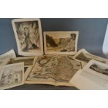 An Early Coloured Map of England, together with various unframed etchings and prints