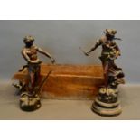 A Pair of Patinated Spelter Figures, together with a heavy oak trough