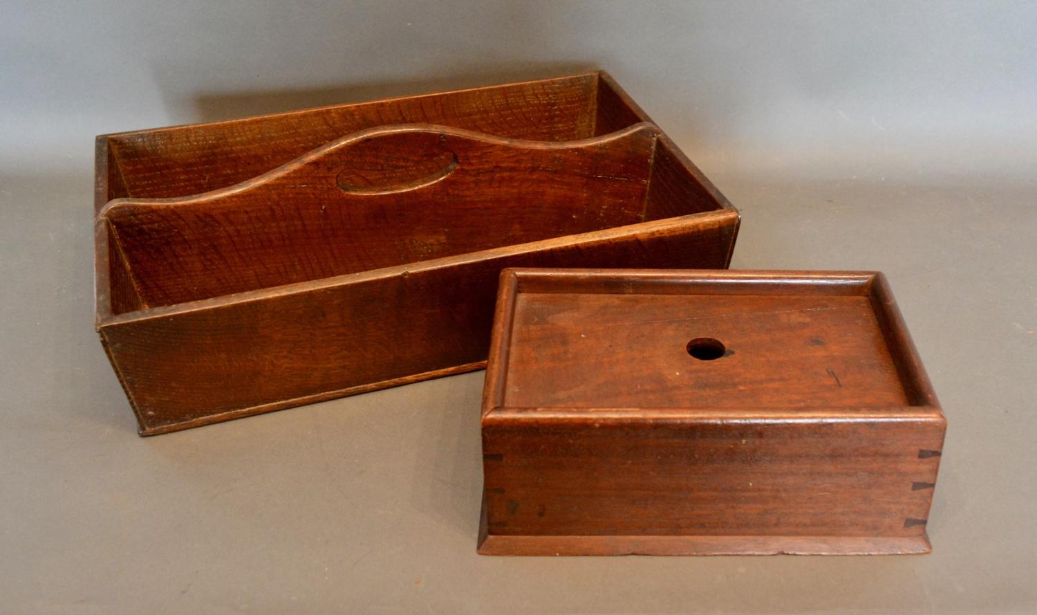 A 19th Century Oak Flatware Tray, together with a mahogany candle box