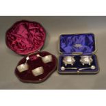 A Set of Three London Silver Salts in fitted lined case, together with a pair of Sheffield silver