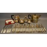 A Set of Twelve Silver Plated and Mother of Pearl Handled Knives and Forks, together with a small