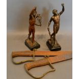 A Pair of Patinated Figures of Mercury and Neptune, 22cm tall, together with a pair of swords