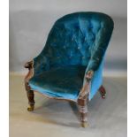 A Victorian Mahogany Drawing Room Chair, the button upholstered back above a stuff over seat with