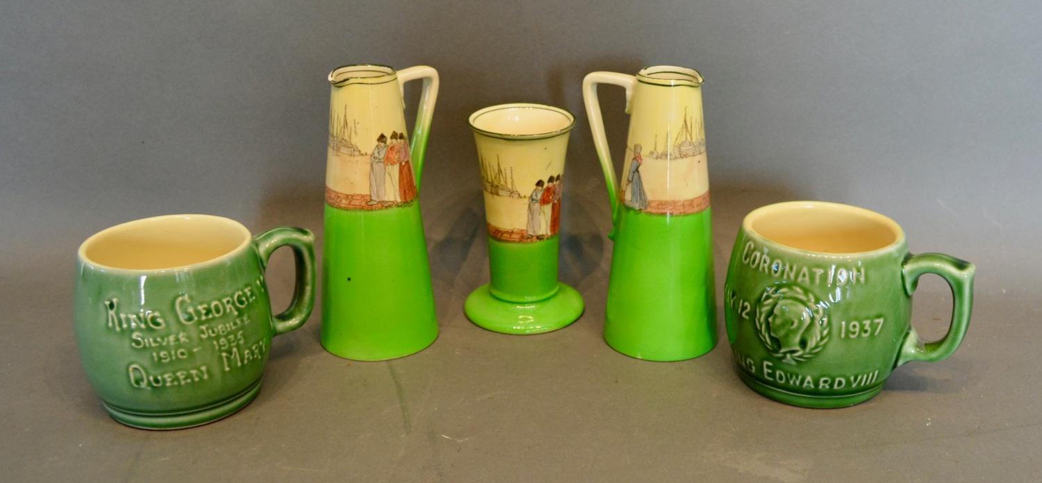 A Pair of Royal Doulton Series Ware Jugs, together with a similar spill vase and two commemorative