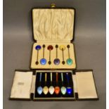 A Set of Six Birmingham Silver and Enamel Decorated Coffee Spoons, retailed by Maple, London,