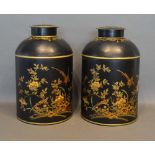 A pair of Toleware Large Canisters, each with gilded decoration with an exotic bird amongst