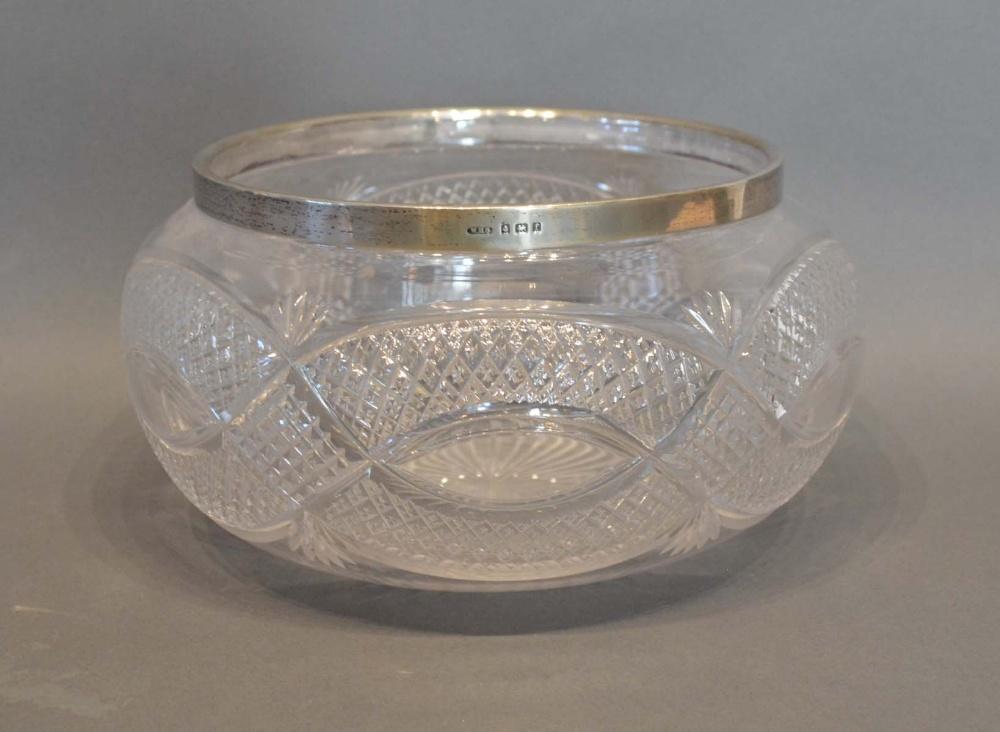 A Cut Glass Bowl with Birmingham Silver Rim, 21cm diameter