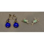 A Pair of Silver and Blue Stone Set Drop Earrings, together with a pair of silver and enamel drop