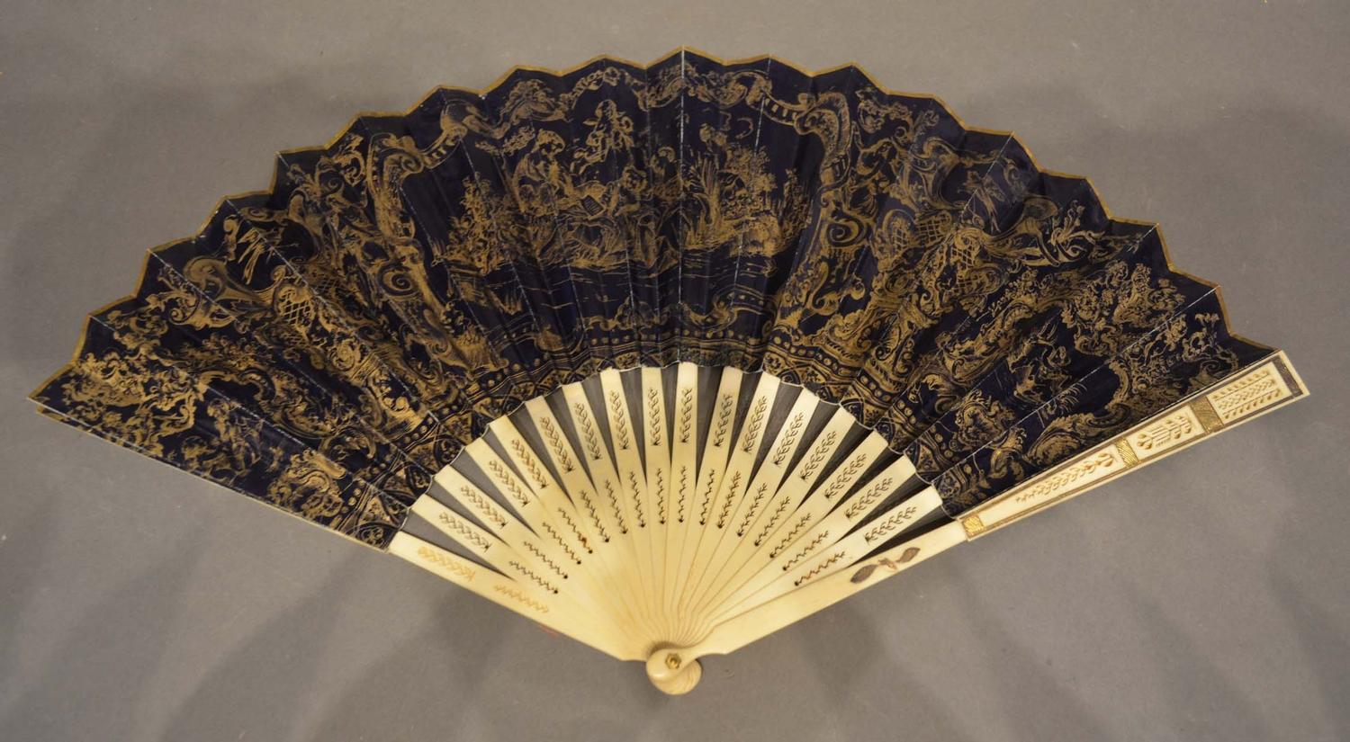 An 18th Century Spanish Fan with a lithograph depicting classical figures with blue and gilt on - Image 2 of 3