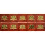 A Set of Ten Thomas & Richard Boote Art Nouveau tiles with foliate decoration upon a rouge ground