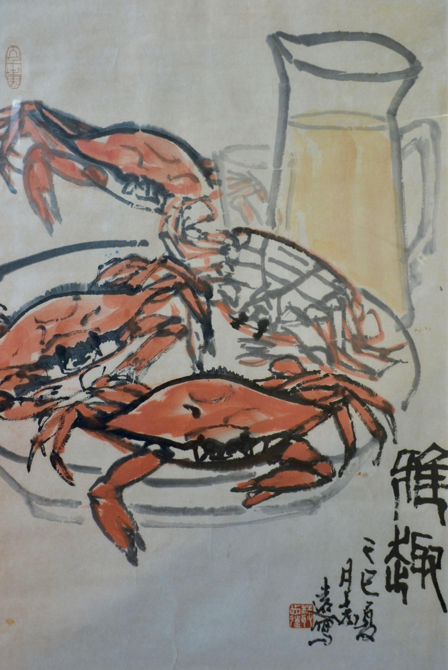 Cong Zhi Yuan, 1955-onwards, Crabs on a Plate with Water Jug, watercolour, signed, 68 x 45cm