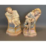 R J Morris, Parian Figures of Sleeping Children, Boy and Girl Upon Chairs, 32cm tall