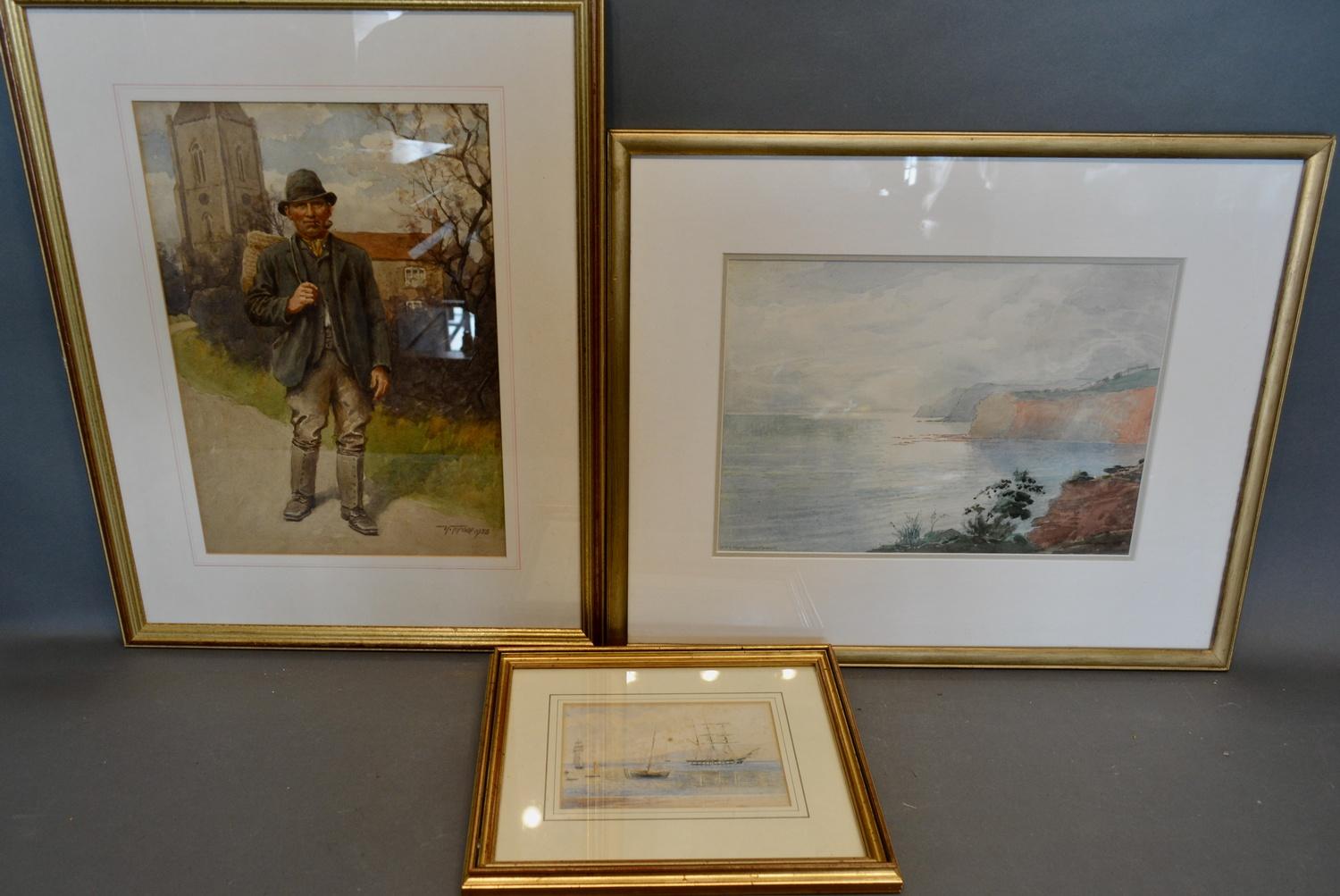 J S C McEwan Brown, Coastal View with Cliffs, watercolour, 25 x 36cm, together with two other