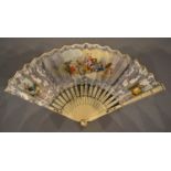 An 18th Century Spanish Fan with a lithograph depicting classical figures with blue and gilt on