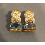 A Pair of 18 Carat Gold Aquamarine and Diamond Set Ear Clips