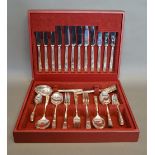 A Sheffield Silver Canteen of Cutlery comprising knives, forks and spoons, 49oz excluding knives,