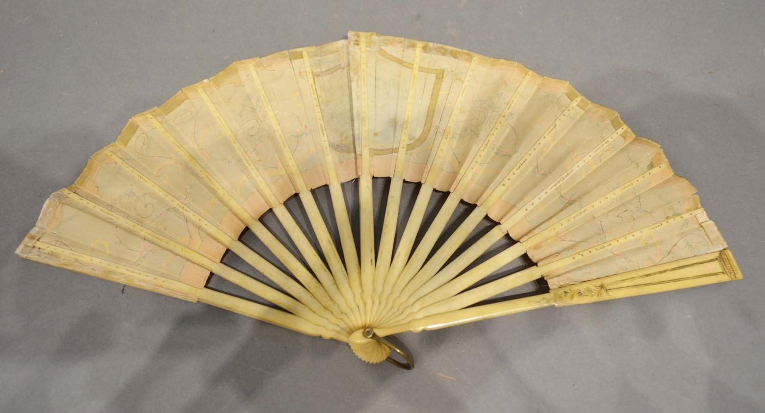An 18th Century Ivory Fan, the silk leaf hand painted with a cartouche, the sticks and guards - Image 2 of 2