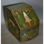 A Toleware Box with hinged cover and gilded foliate decoration on a green ground