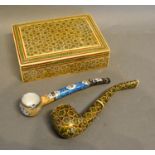 An Indian Enamel and Painted Pipe, together with another similar inlaid pipe and a rectangular