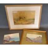 Sidney Watts, Rural Landscape watercolour signed together with a pair of watercolours by H W Hicks
