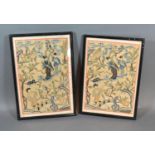 A Pair of Chinese Embroidered Panels depicting two figures amongst foliage 23cm x 16 cm