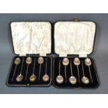 A Set of Six Birmingham Silver Bean Handled Coffee Spoons within fitted lined case together with