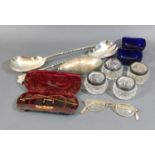 Two pairs of early Spectacles together with a set of four silver-mounted glass salts and other items