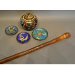 A Cloisonne Enamel Ginger Jar, together with three cloisonne pin trays and an Oriental carved