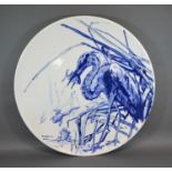 A Large Charger by TC Brown-Westhead Moore & Co decorated in blue and white with crane and frogs,