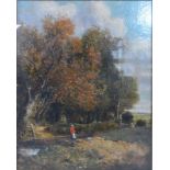 19th Century English School, Figure with Dog on a Track within a Rural Setting, oil on board,