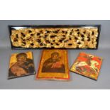 A Russian Icon, 32cm x 21cm together with two similar prints, a Chinese gilded wall plaque