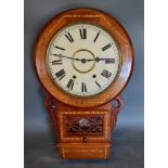 A 19th Century Inlaid Drop Dial Wall Clock, the dial with Roman numerals and two train movement,