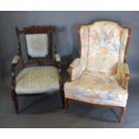 A French Wingback Armchair, together with an Edwardian style armchair